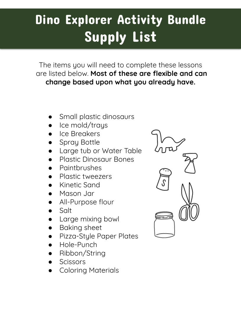 Dino Explorer Activity Bundle supply list with items needed for dinosaur-themed activities.