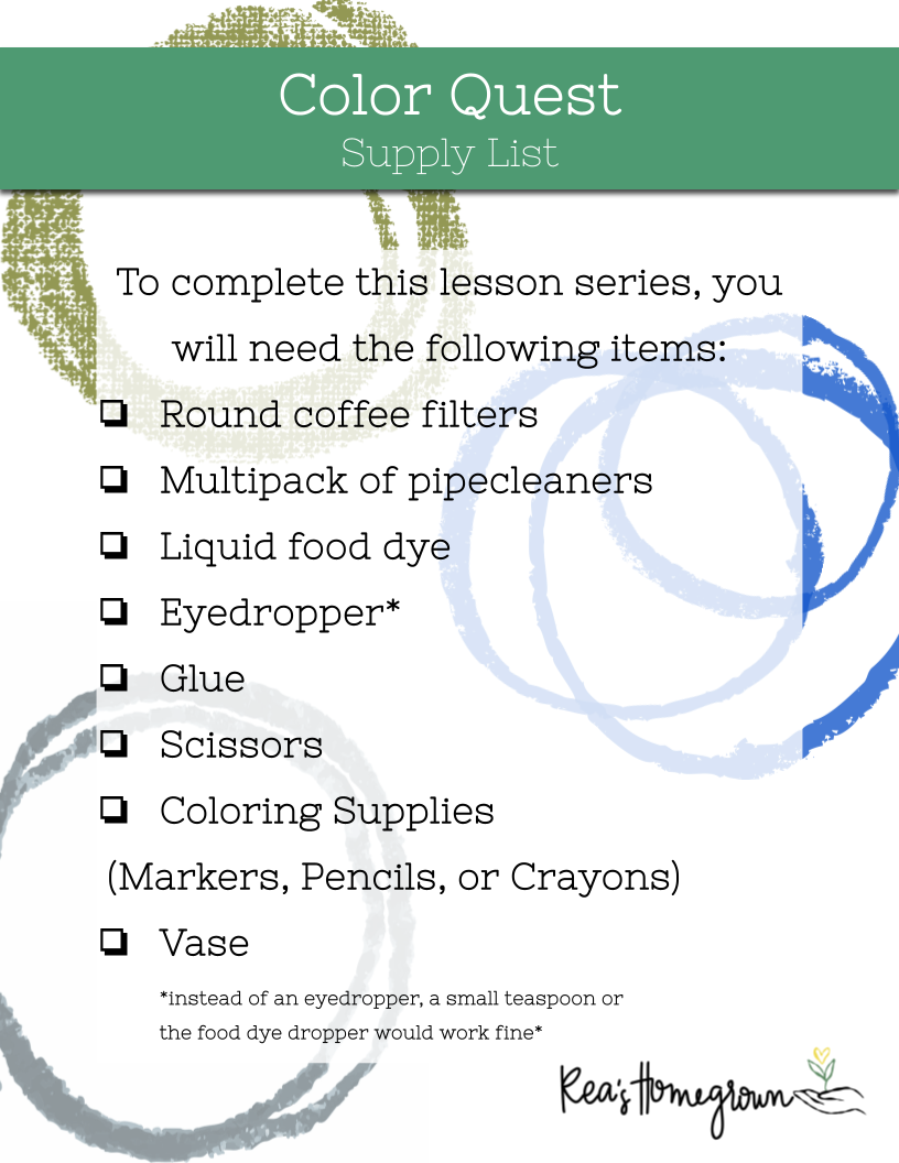 Color Quest Supply List with items needed for a lesson series including round coffee filters, pipe cleaners, liquid food dye, and more.